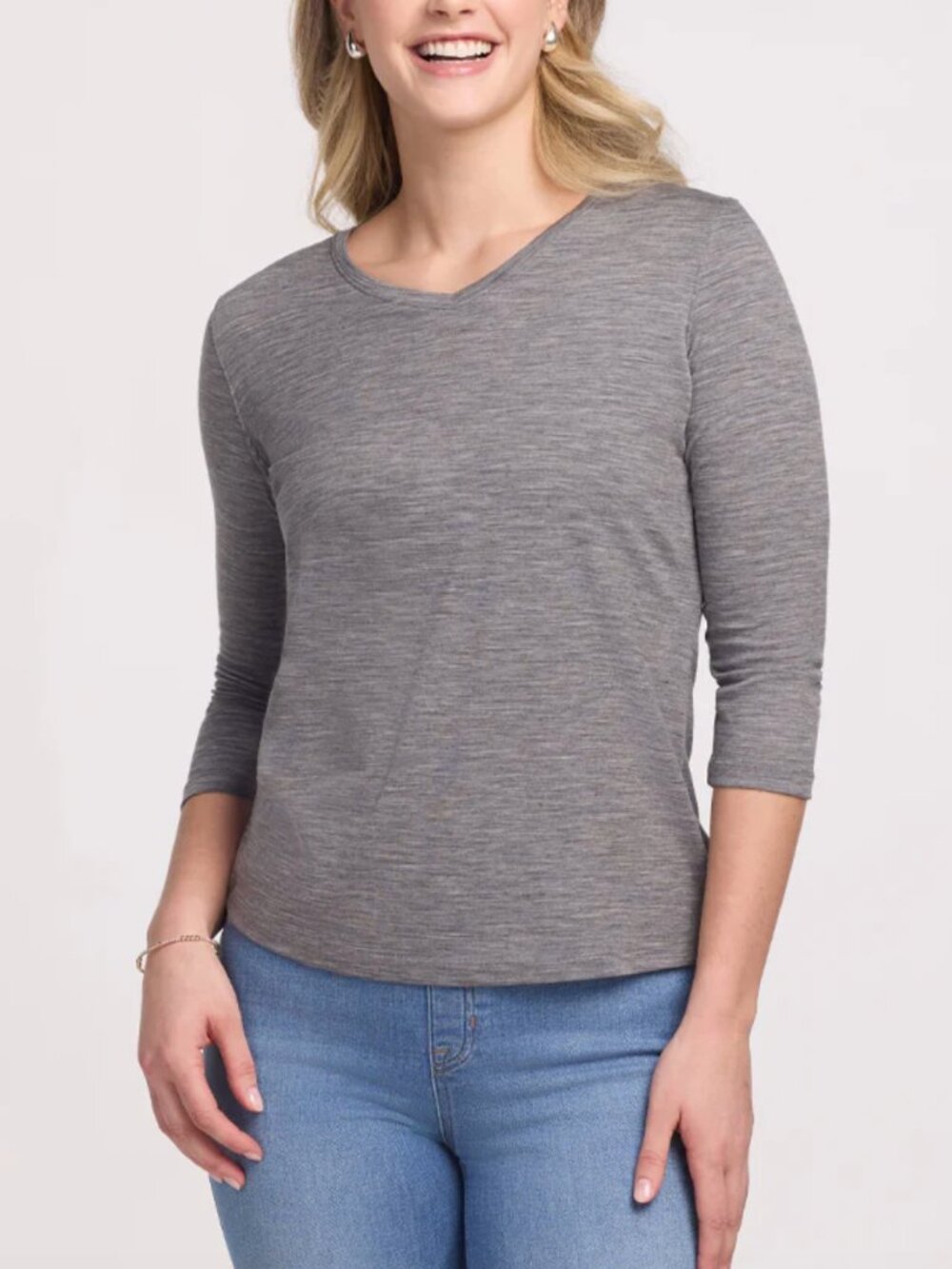 Woolx Elena 3/4 Sleeve V Neck Shirt Graphite Heather Sz. XL